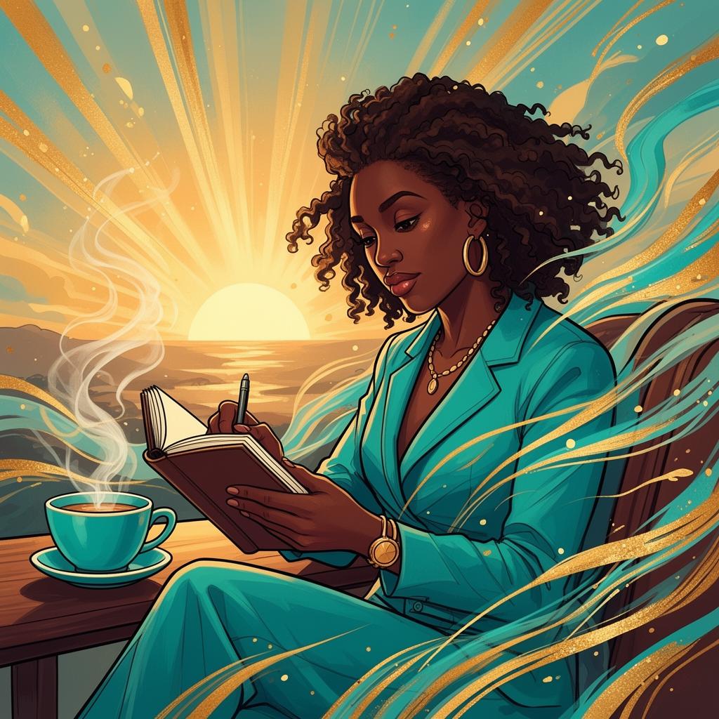 A stylish Black woman journaling at sunrise with steaming turquoise teacup — the Selfish morning ritual