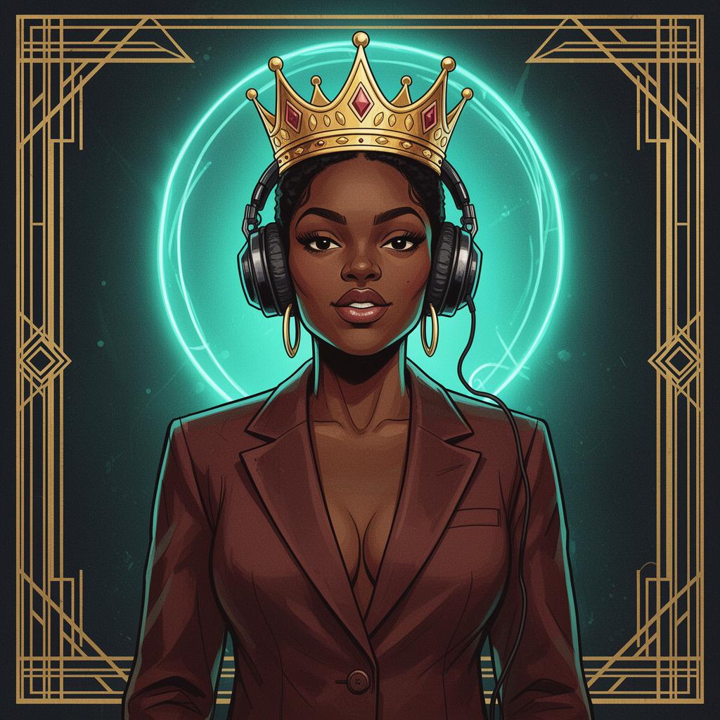 Crowned Black woman with headphones glowing in turquoise neon