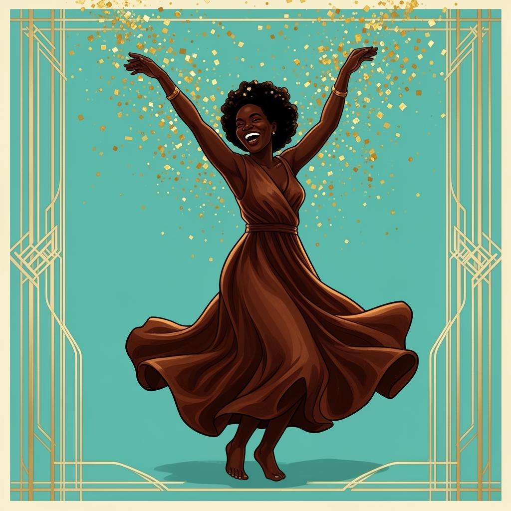 Joyful Black woman dancing with gold confetti