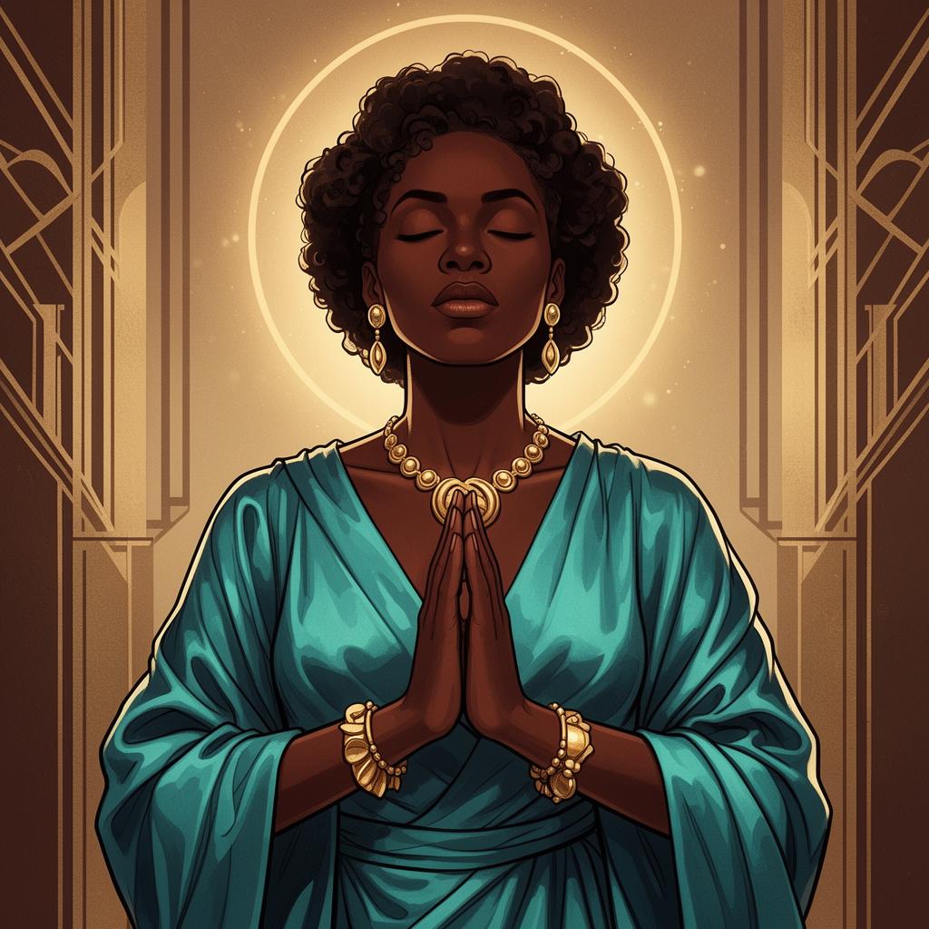 Black woman in turquoise robe praying with halo glow